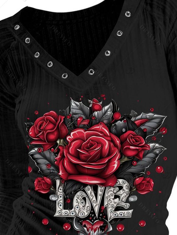 Haut gothique à imprimé de feuilles de rose et œillets, col en V, manches longues - Noir M | US 6