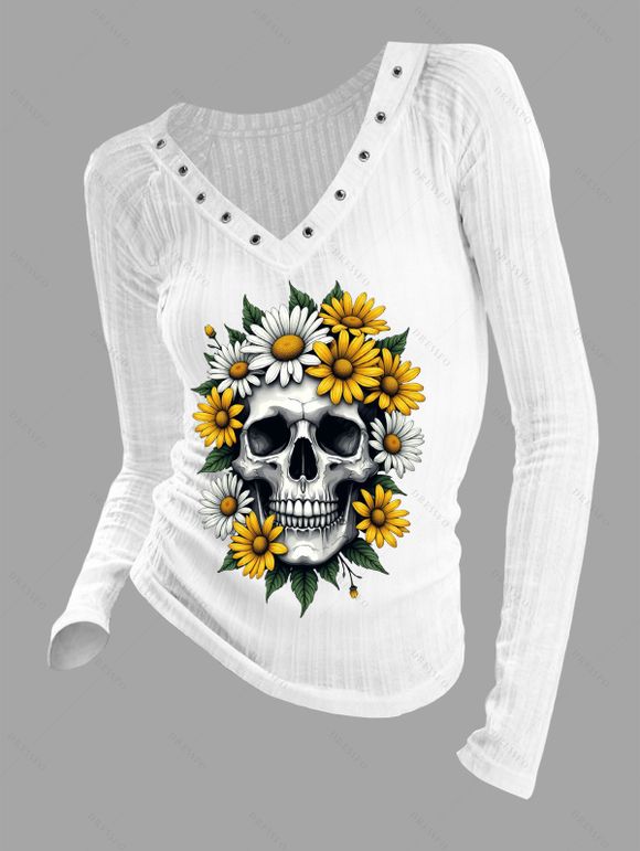 Haut gothique à imprimé tête de mort et tournesol, col en V à œillets et manches longues - Blanc M | US 6