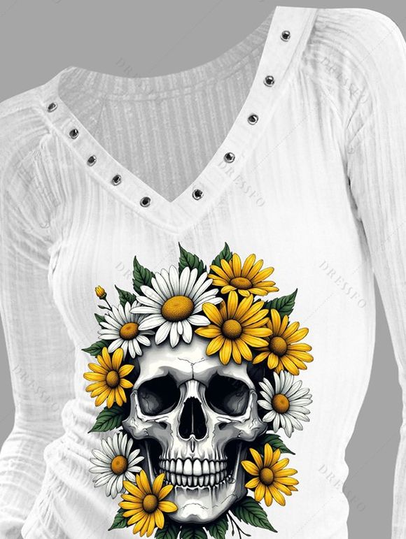 Haut gothique à imprimé tête de mort et tournesol, col en V à œillets et manches longues - Blanc M | US 6