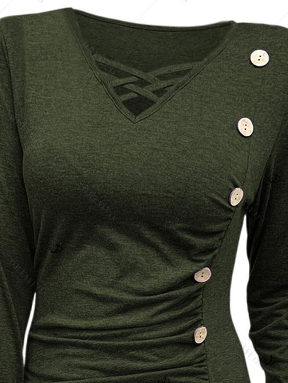 Haut uni à faux boutons et manches longues croisées froncées - Vert Armée L | US 8-10