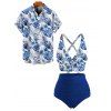 Vacation Couple Outfit Outfit Tropical Flower Print Ruched Bottom Swimwear and Shirt Set - Bleu profond S | US 4