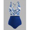 Vacation Couple Outfit Outfit Tropical Flower Print Ruched Bottom Swimwear and Shirt Set - Bleu profond S | US 4