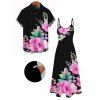 Vacation Couple Outfit Flower Leaf Print Pocket Spaghetti Strap Dress and Shirt Set - Noir S | US 4
