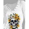 Haut gothique à imprimé tête de mort et tournesol, col en V à œillets et manches longues - Blanc M | US 6