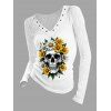 Haut gothique à imprimé tête de mort et tournesol, col en V à œillets et manches longues - Blanc M | US 6