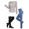Winter Outfit Solid Color Mock Button Slit Top Skinny Jeans and Boots Set - Abricot S | US 4