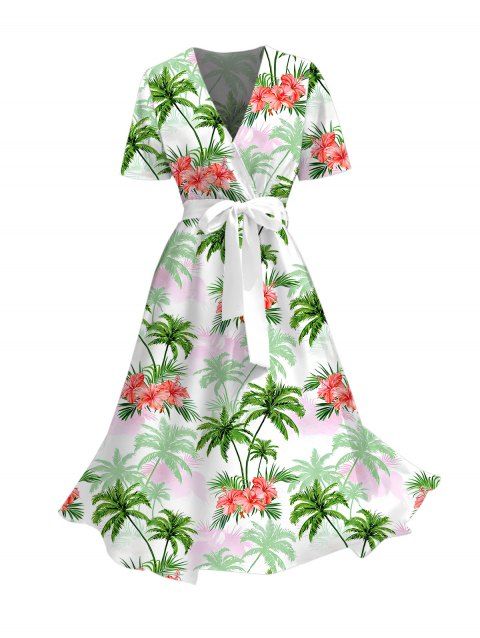 Robe de vacances à ceinture imprimée de fleurs et de cocotiers