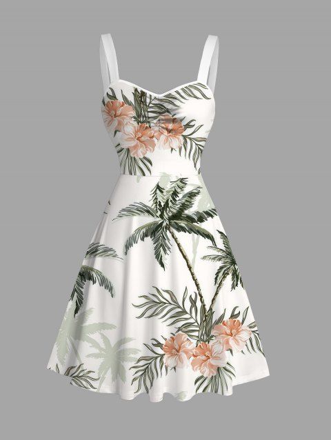 Robe de vacances à imprimé floral et cocotiers, robe froncée