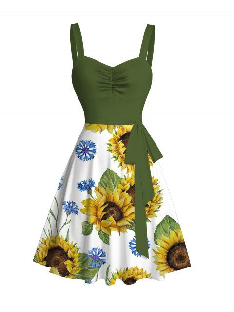 Robe de vacances à imprimé tournesol colorblock et ceinture froncée