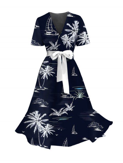 Robe de vacances imprimée cocotier et bateau, col en V, ceinture