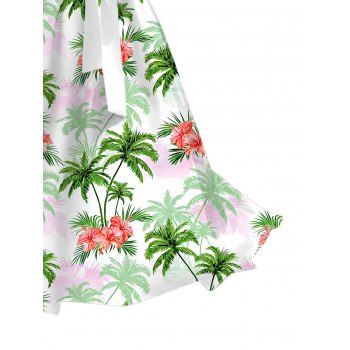 Vacation Dress Colored Floral Coconut Tree Print Belt Dress