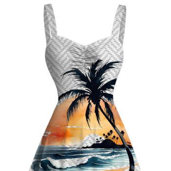 Beach Dress Shadow Stripe Coconut Tree Wave Print Ruched Dress