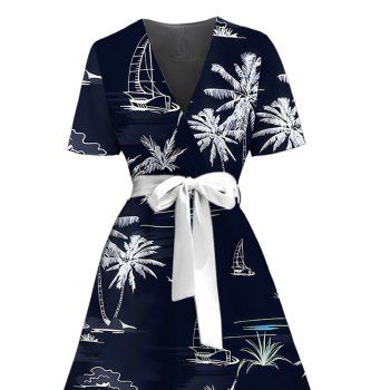 Vacation Dress Coconut Tree Ship Print V Neck Belt Dress