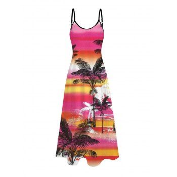 Vacation Dress Coconut Tree Print Ombre Spaghetti Strap Dress