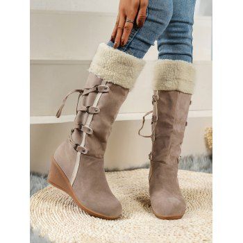 Winter Outfit Contrast Color Mock Horn Button Sweater Fleece-Lined Leggings and Boots Set