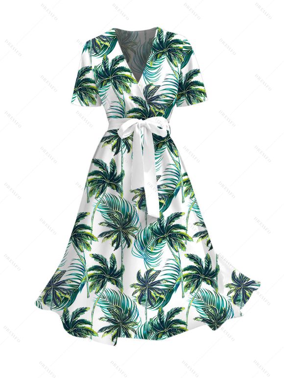 Robe de vacances pour la plage, robe à ceinture imprimée de cocotiers - Vert profond L | US 8-10