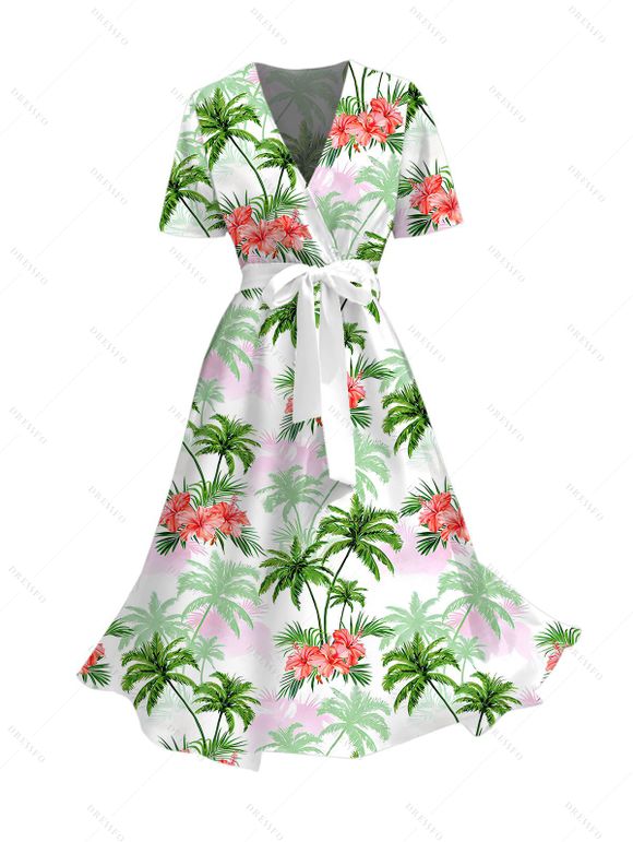 Robe de vacances à ceinture imprimée de fleurs et de cocotiers - Vert clair L | US 8-10