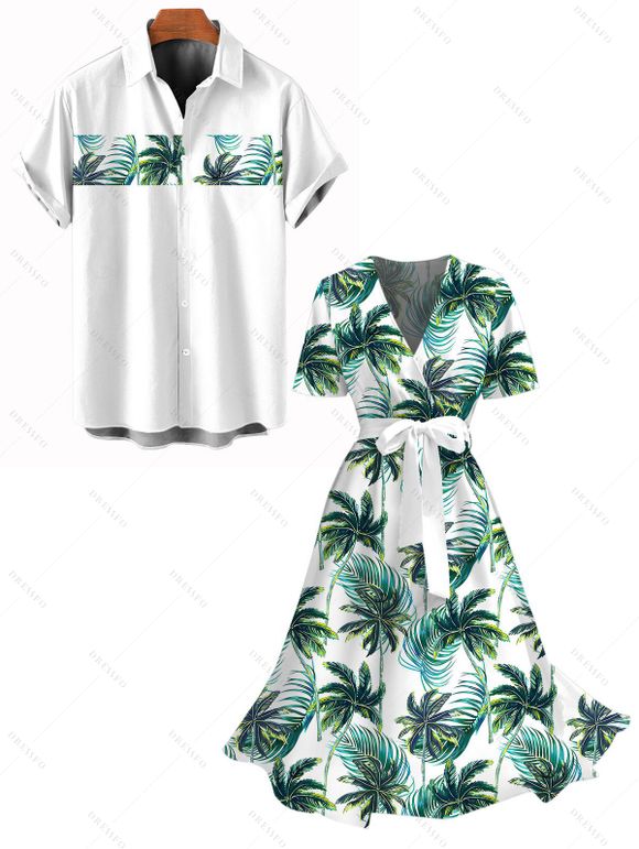 Vacation Couple Outfit for Beach Coconut Tree Print Belt Dress and Shirt Set - Blanc S | US 4