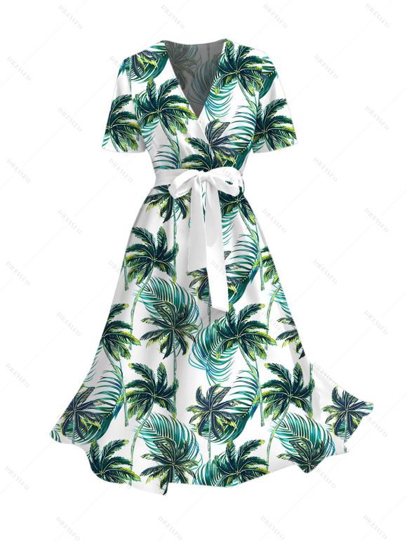 Vacation Couple Outfit for Beach Coconut Tree Print Belt Dress and Shirt Set - Blanc S | US 4