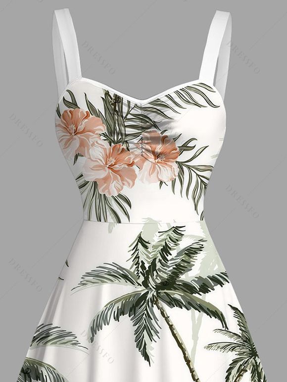 Robe de vacances à imprimé floral et cocotiers, robe froncée - Vert clair XXXXXL | US 20