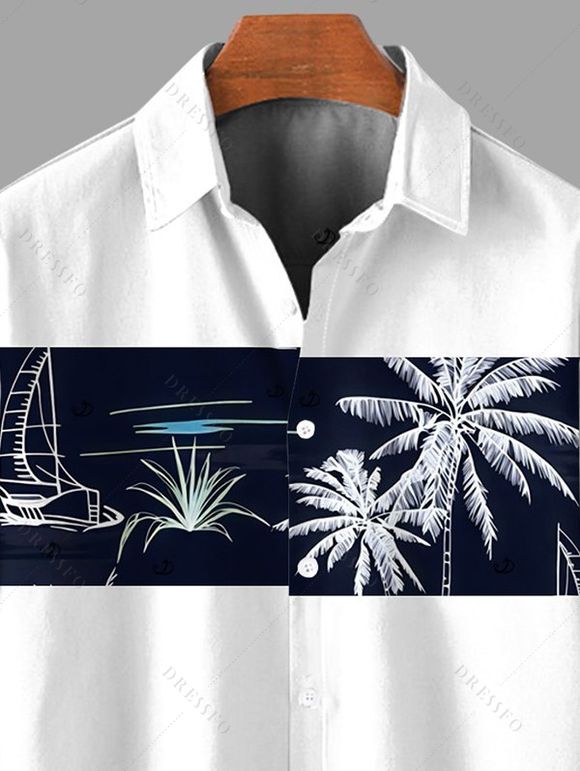 Chemise de vacances pour homme, imprimé bateau et cocotier, à boutons - Bleu de Minuit 5XL