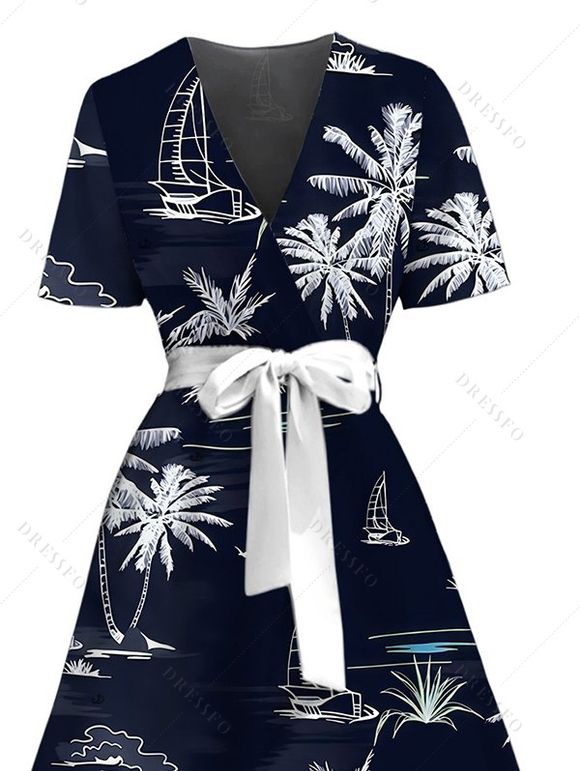 Robe de vacances imprimée cocotier et bateau, col en V, ceinture - Bleu de Minuit XXL | US 14