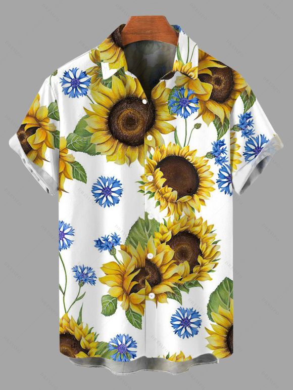 Chemise de vacances pour homme, imprimé feuilles de tournesol, boutonnée - PLANT GREEN 5XL