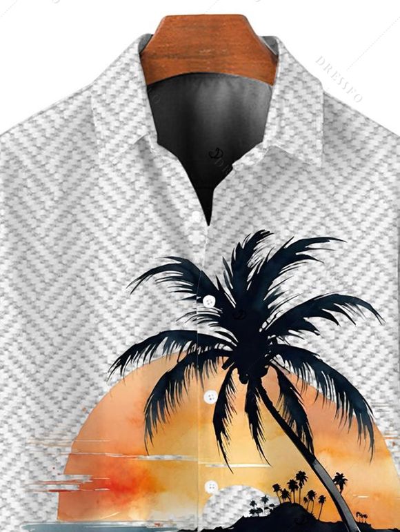 Chemise de plage pour homme à rayures ombrées, imprimé vagues et cocotiers, boutonnée - Blanc L