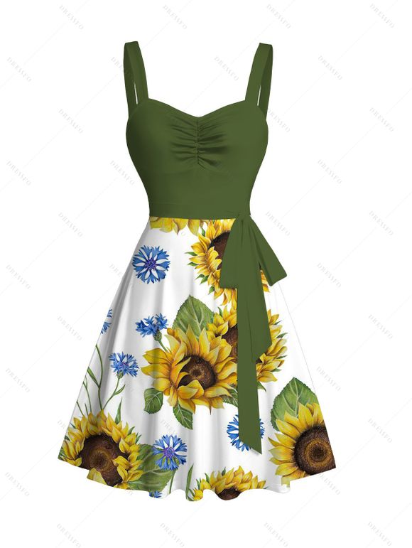 Robe de vacances à imprimé tournesol colorblock et ceinture froncée - PLANT GREEN XXXXXL | US 20