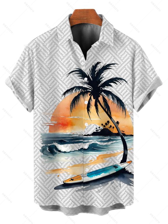 Vacation Couple Outfit Shadow Stripe Coconut Tree Wave Print Dress and Shirt Set - Blanc S | US 4