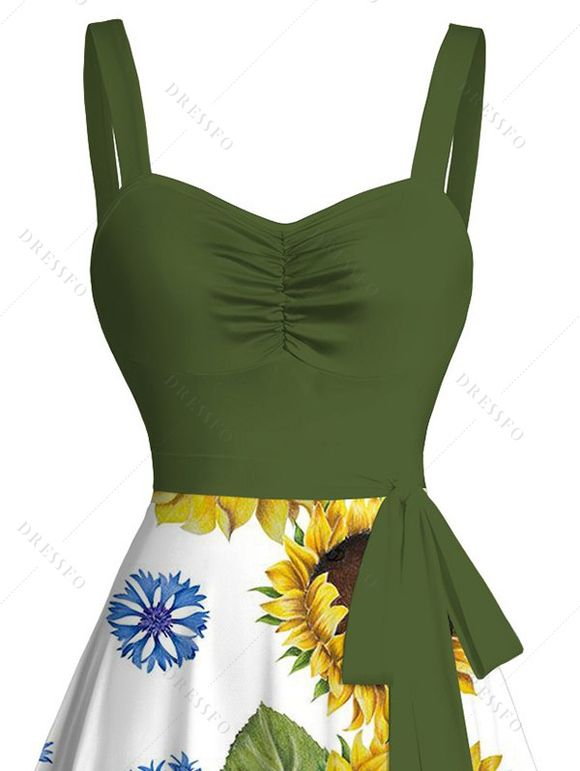Robe de vacances à imprimé tournesol colorblock et ceinture froncée - PLANT GREEN XXXXXL | US 20