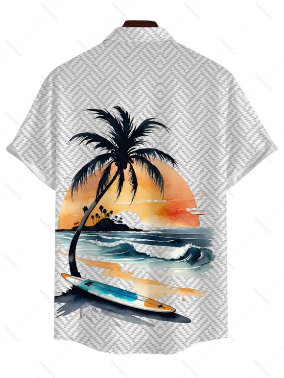 Vacation Couple Outfit Shadow Stripe Coconut Tree Wave Print Dress and Shirt Set - Blanc S | US 4