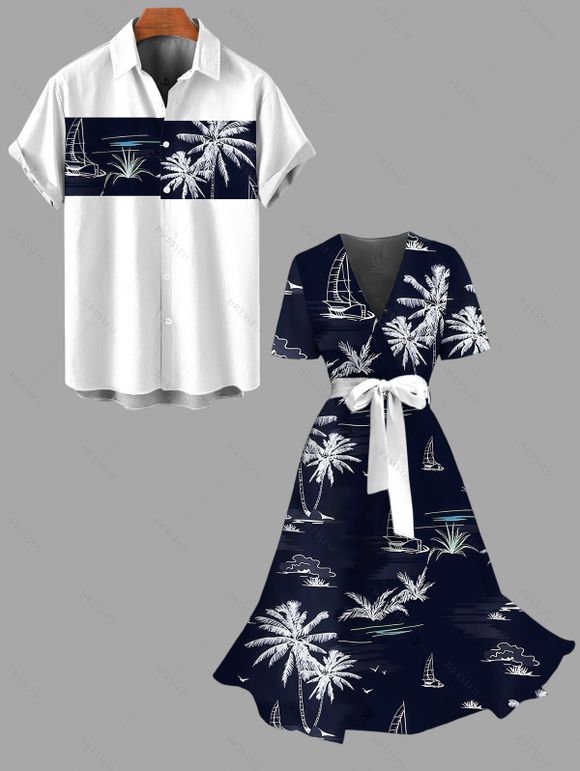 Vacation Couple Outfit Coconut Tree Ship Print Belt Dress and Shirt Set - Bleu de Minuit S | US 4