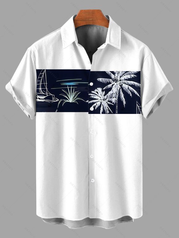 Vacation Couple Outfit Coconut Tree Ship Print Belt Dress and Shirt Set - Bleu de Minuit S | US 4