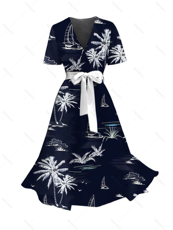 Vacation Couple Outfit Coconut Tree Ship Print Belt Dress and Shirt Set - Bleu de Minuit S | US 4