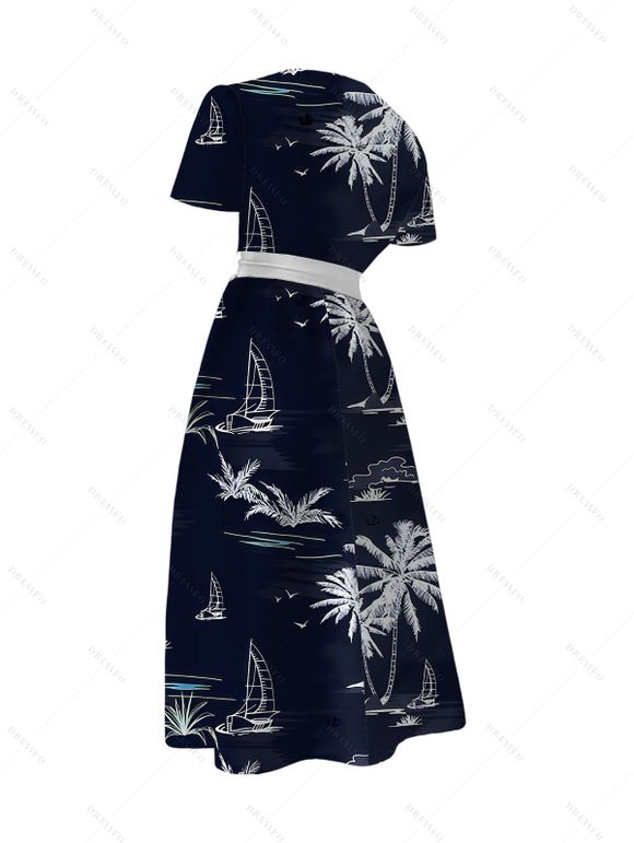 Vacation Couple Outfit Coconut Tree Ship Print Belt Dress and Shirt Set - Bleu de Minuit S | US 4