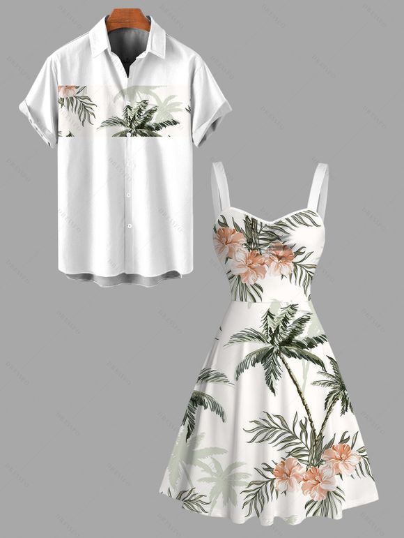 Vacation Couple Outfit Floral Coconut Tree Print Ruched Dress and Shirt Set - Vert clair S | US 4