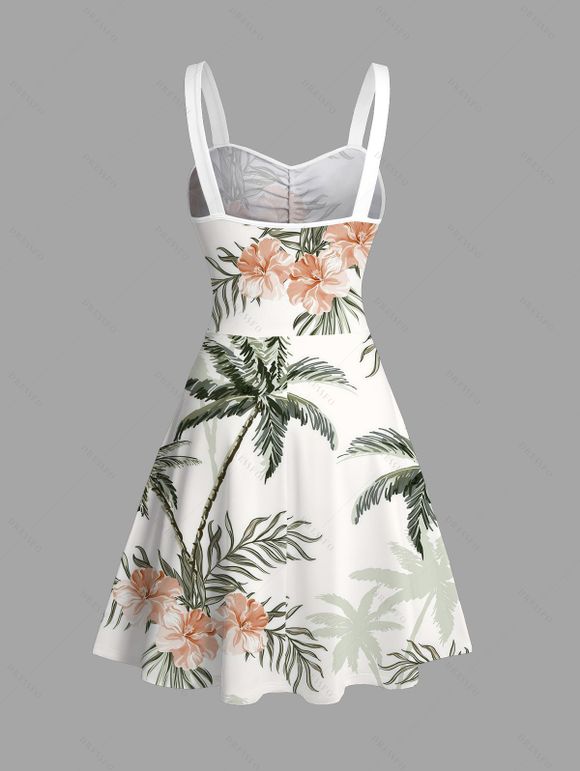 Vacation Couple Outfit Floral Coconut Tree Print Ruched Dress and Shirt Set - Vert clair S | US 4