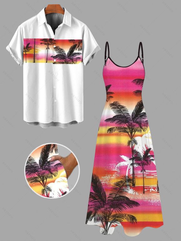 Vacation Couple Outfit Coconut Tree Print Ombre Spaghetti Strap Dress and Shirt Set - Rose Vif S | US 4