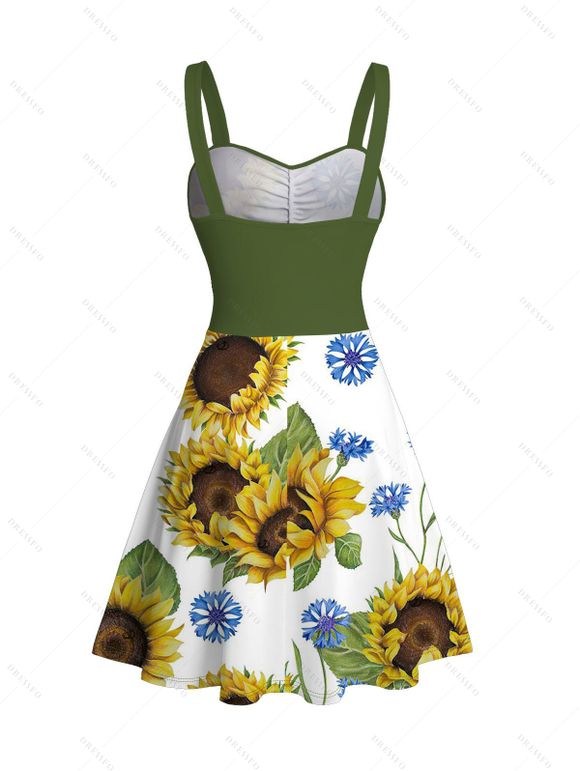 Vacation Couple Outfit Colorblock Sunflower Leaf Print Dress and Shirt Set - PLANT GREEN S | US 4