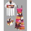 Vacation Couple Outfit Coconut Tree Print Ombre Spaghetti Strap Dress and Shirt Set - Rose Vif S | US 4