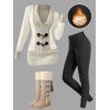 Winter Outfit Contrast Color Mock Horn Button Sweater Fleece-Lined Leggings and Boots Set - Gris Clair S | US 4