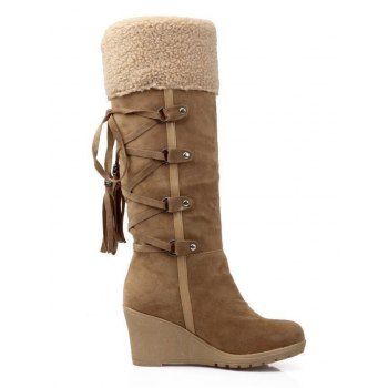 Winter Outfit Contrast Color Mock Horn Button Sweater Fleece-Lined Leggings and Boots Set