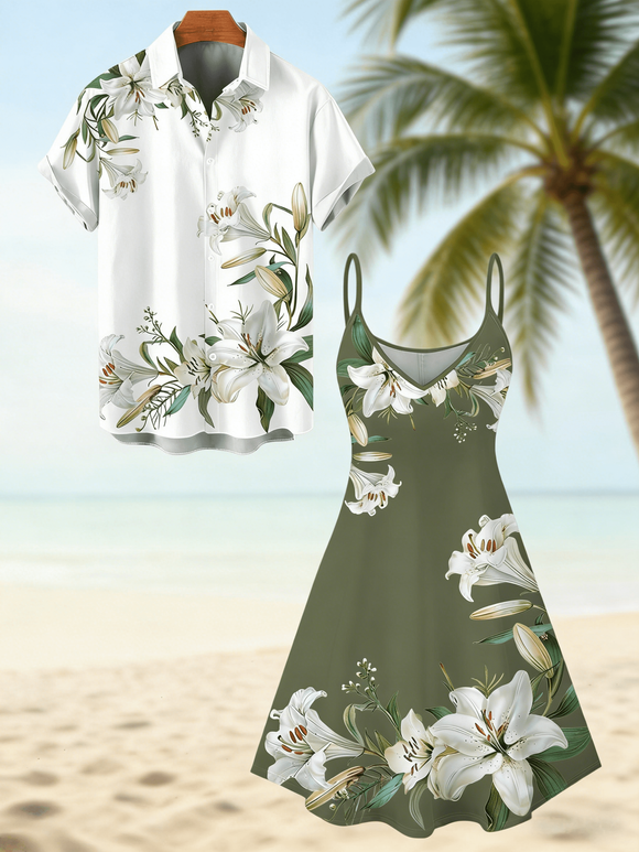 Vacation Couple Outfit Lily Floral Leaf Print Spaghetti Strap Dress and Shirt Set - Vert Armée S | US 4