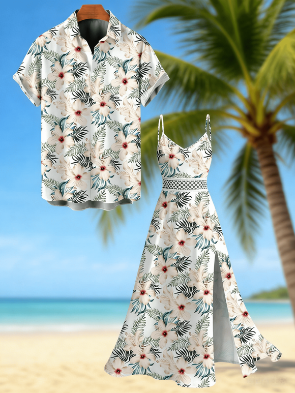 Couple Outfit for Vacation Hibiscus Floral Leaf Print Slit Dress and Shirt Set - Vert clair S | US 4