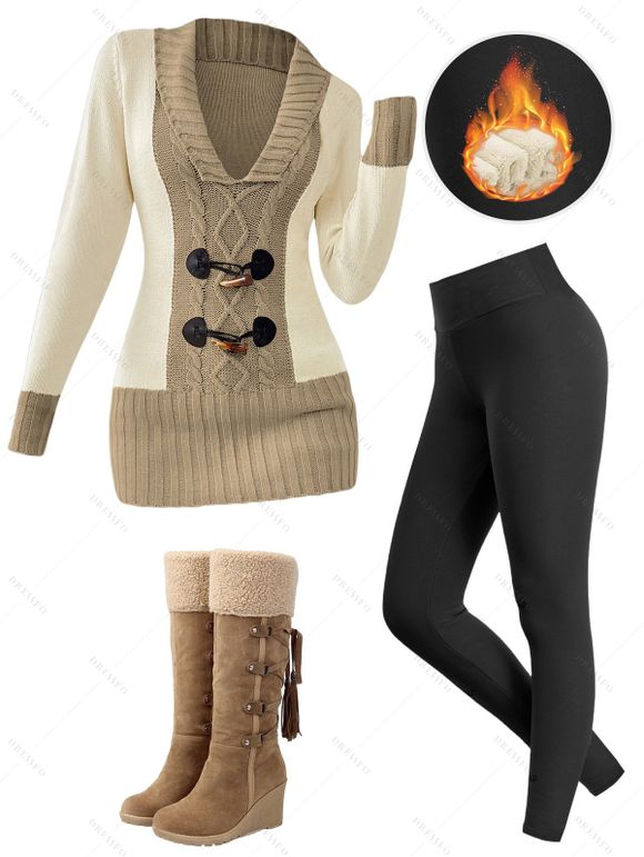 Winter Outfit Contrast Color Mock Horn Button Sweater Fleece-Lined Leggings and Boots Set - Bronze S | US 4