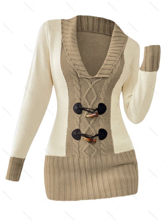 Winter Outfit Contrast Color Mock Horn Button Sweater Fleece-Lined Leggings and Boots Set - Bronze S | US 4