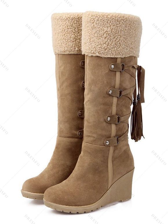 Winter Outfit Contrast Color Mock Horn Button Sweater Fleece-Lined Leggings and Boots Set - Bronze S | US 4