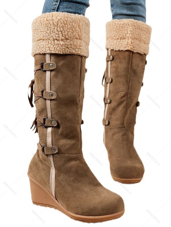 Winter Outfit Contrast Color Mock Horn Button Sweater Fleece-Lined Leggings and Boots Set - Bronze S | US 4