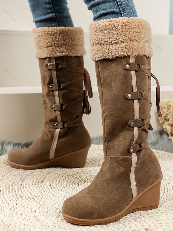 Winter Outfit Contrast Color Mock Horn Button Sweater Fleece-Lined Leggings and Boots Set - Bronze S | US 4